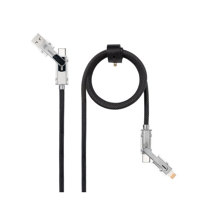 Nanocable Cable USB-C 4 en 1 - Soporta hasta 27W - Longitud 1m - Adaptador USB-A y Lightning Integrado - Indicador LED - Algodon Trenzado - Color Negro