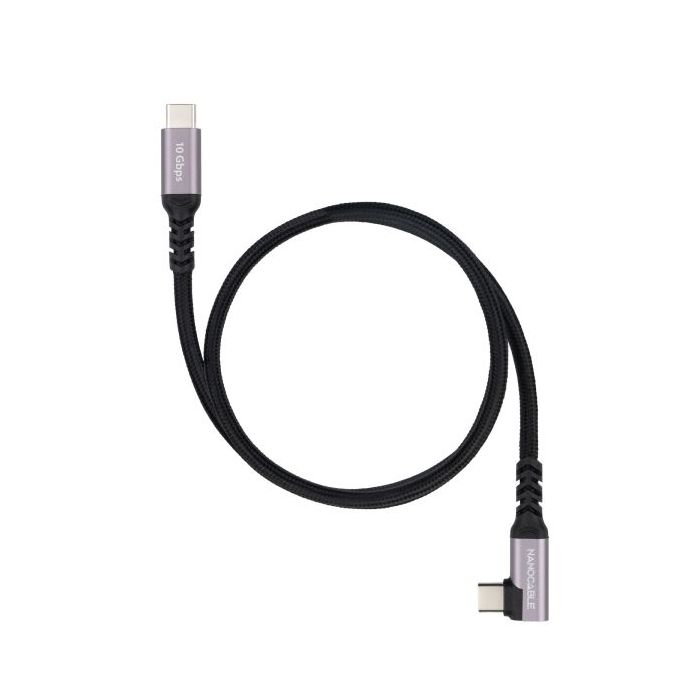 Nanocable Cable USB-C Macho Acodado 90º - Soporta hasta 100W - Longitud 2m - Velocidad de Transferencia hasta 10Gbps - Resolucion 4K - Algodon Trenzado - Color Negro