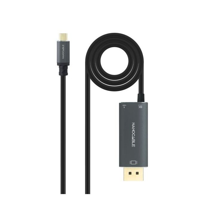Nanocable Cable Adaptador USB-C a Displayport 1.4 - Longitud 1.8m - Resolucion 8K - Carcasa Metalica de Aluminio - Power Delivery 100W - Color Gris Oscuro