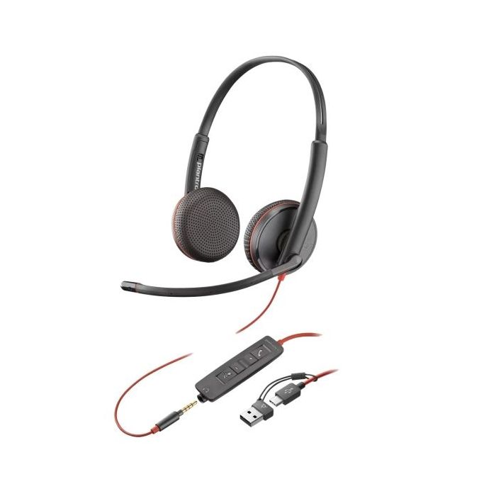 HP Poly Blackwire 3220 USB-C Auriculares con Microfono - Almohadillas Acolchadas - Controles en Cable - Adaptador USB-A - Color Negro
