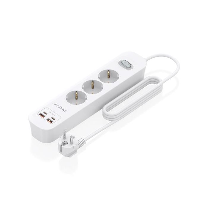 Aisens Regleta con 3 Tomas Schuko - 2xUSB-C - 2xUSB-A - Cable de 1.4m - Interruptor con Indicador LED - Power Delivery 3.0 - Qualcomm 3.0 - Color Blanco