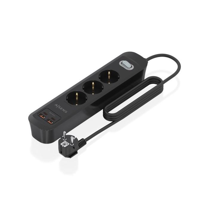 Aisens Regleta con 3 Tomas Schuko - 2xUSB-C - 2xUSB-A - Cable de 1.4m - Interruptor con Indicador LED - Power Delivery - Qualcomm 3.0 - Color Negro