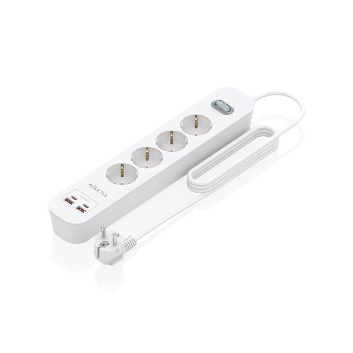 Aisens Regleta con 4 Tomas Schuko - 2xUSB-C - 2xUSB-A - Cable de 1.4m - Interruptor con Indicador LED - Power Delivery - Qualcomm 3.0 - Color Blanco
