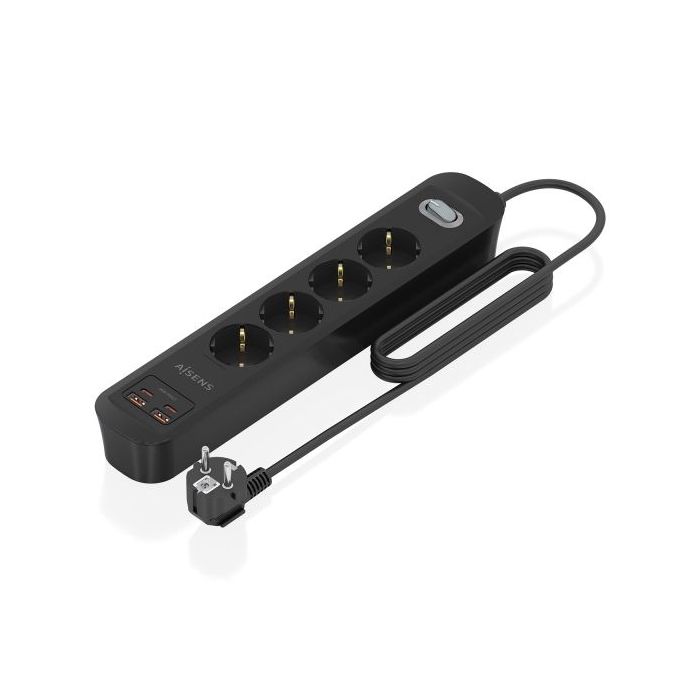 Aisens Regleta con 4 Tomas Schuko - 2xUSB-C - 2xUSB-A - Cable de 1.4m - Interruptor con Indicador LED - Power Delivery - Qualcomm 3.0 - Color Negro