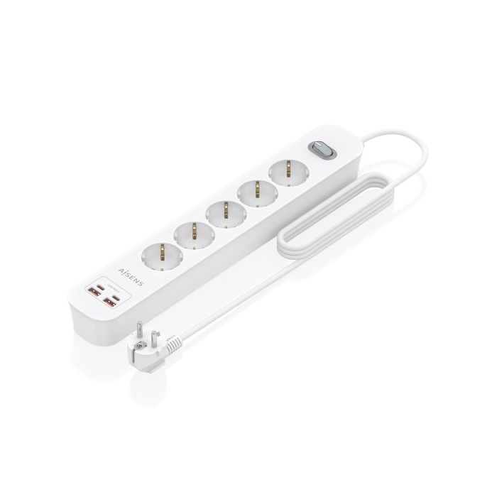 Aisens Regleta con 5 Tomas Schuko - 2xUSB-C - 2xUSB-A - Cable de 1.4m - Interruptor con Indicador LED - Power Delivery - Qualcomm 3.0 - Color Blanco