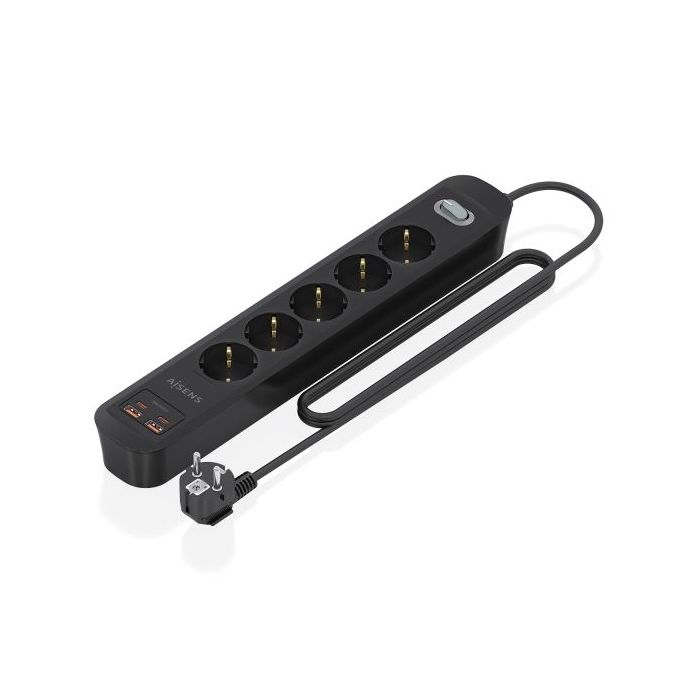Aisens Regleta con 5 Tomas Schuko - 2xUSB-C - 2xUSB-A - Cable de 1.4m - Interruptor con Indicador LED - Power Delivery - Qualcomm 3.0 - Color Negro