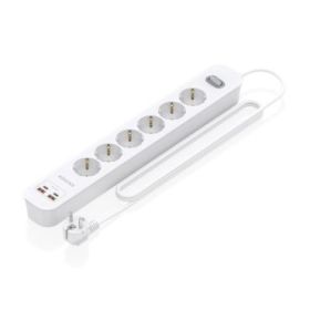 Aisens Regleta con 6 Tomas Schuko - 2xUSB-C - 2xUSB-A - Cable de 1.4m - Interruptor con Indicador LED - Power Delivery - Qualcomm 3.0 - Color Blanco