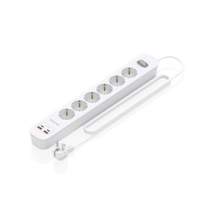 Aisens Regleta con 6 Tomas Schuko - 2xUSB-C - 2xUSB-A - Cable de 1.4m - Interruptor con Indicador LED - Power Delivery - Qualcomm 3.0 - Color Blanco
