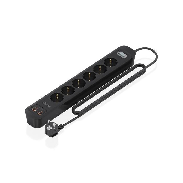 Aisens Regleta con 6 Tomas Schuko - 2xUSB-C - 2xUSB-A - Cable de 1.4m - Interruptor con Indicador LED - Power Delivery - Qualcomm 3.0 - Color Negro