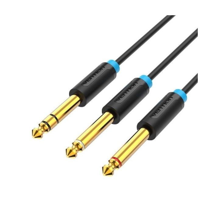 Vention Cable de Audio Estereo - Longitud 2m - Jack 6.5mm - Dual 6.5mm - Conectores Chapados en Oro - Blindaje Multicapa - Color Negro