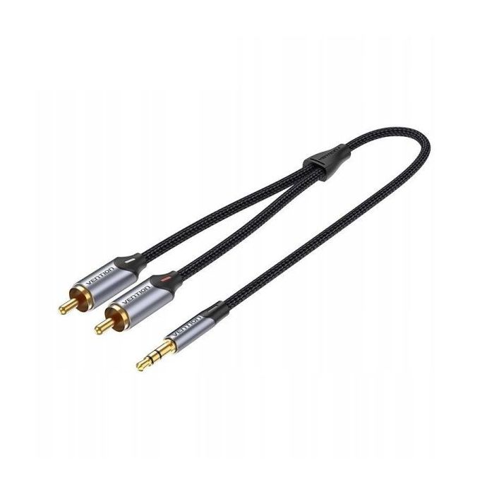 Vention Cable de Audio Estereo - Longitud 5m - Jack 3.5mm - 2xRCA - Conectores Chapados en Oro - Chaqueta Trenzada de Algodon y PVC - Color Gris