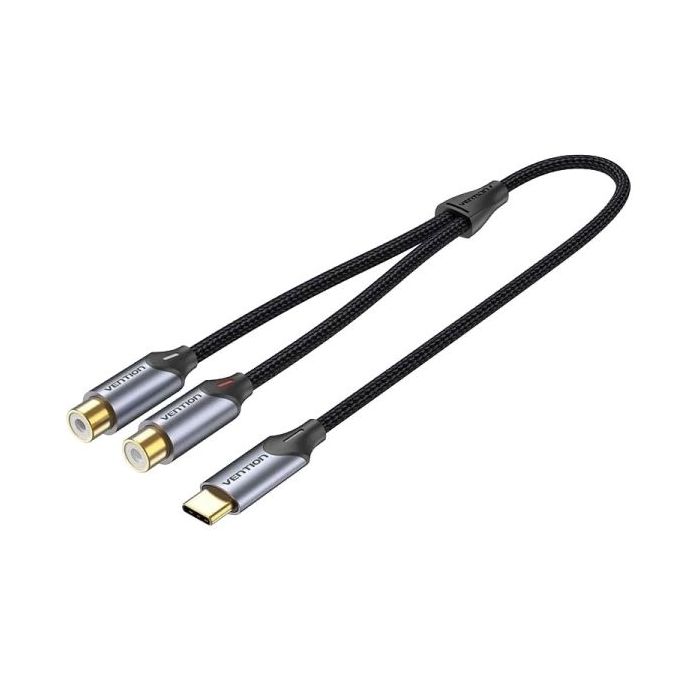 Vention Cable Adaptador de Audio - Longitud 1.5m - USB-C Macho - 2xRCA Hembra - Aluminio - Conectores Chapados en Oro - 29 AWG - Color Gris