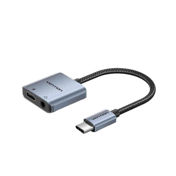Vention Adapatador de Audio DAC - USB-C Macho - Jack 3.5mm Hembra - USB-C Hembra - Power Delivery 60W - Cable 10cm - Aluminio - Color Gris