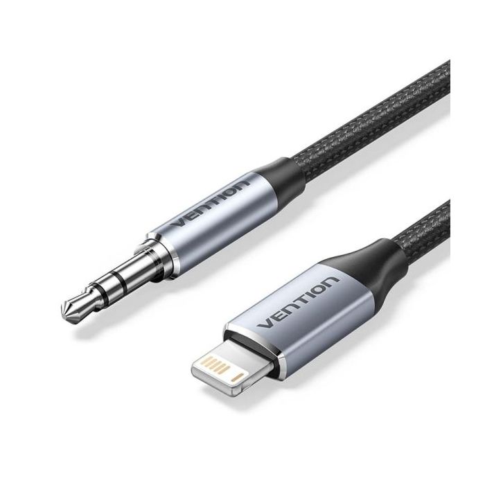 Vention Cable de Audio - Longitud 1.5m - Jack 3.5mm - Lightning - Chaqueta Trenzada de Algodon y TPE - Carcasa de Aluminio - 30 AWG - Color Gris