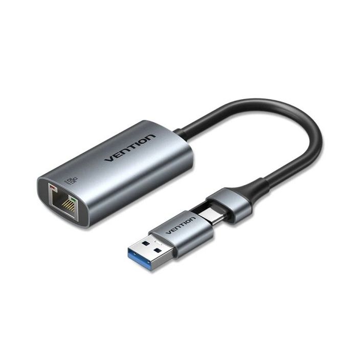 Vention Conversor USB-C a Ethernet - Adaptador USB-A - Cable de 15cm - Velocidad hasta 1Gbps - Carcasa de Aluminio y ABS - Color Gris