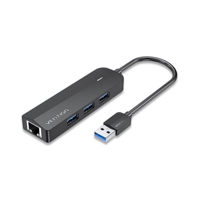 Vention Hub USB 4 en 1 - 3xUSB-A - Ethernet RJ45 - Cable USB-A de 15cm - Indicador LED - Velocidad hasta 5Gbps - Color Negro