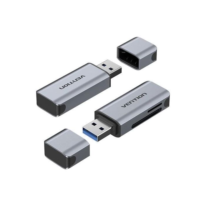 Vention Lector de Tarjetas TF y SD - USB-A 3.0 - Aluminio - Plug and Play - Color Gris