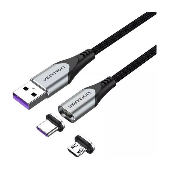 Vention Cable USB 2.0 - Longitud 50cm - USB-A - USB-C y Micro-USB Intercambiables - Velocidad hasta 480Mbps - Recubrimiento de Nailon Trenzado - Color Gris