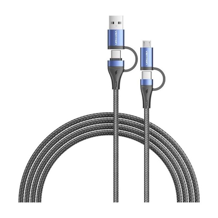 Vention Cable USB-C - Potencia hasta 100W - Longitud 2m - Adaptador USB-A - Adaptador Micro-USB - Velocidad hasta 480Mbps - Recubrimiento de Algodon Trenzado - Color Azul
