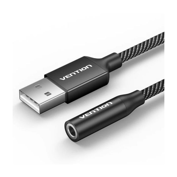 Vention Adapatador de Audio - Jack 3.5mm Hembra - USB-C Macho - Chaqueta Trenzada de Algodon - Cable 25cm - Aluminio - Color Negro