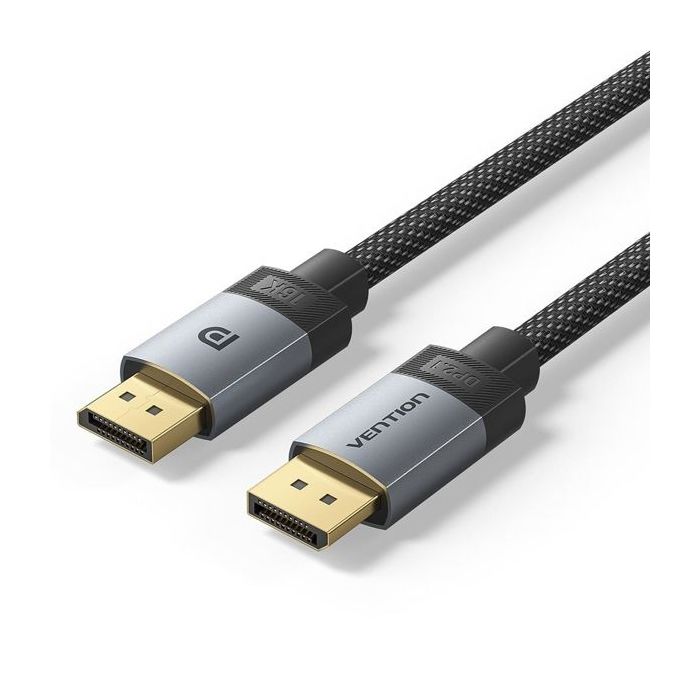 Vention Cable Displayport 2.1 16K - Longitud 2m - Revestimiento Trenzado de Algodon - Conectores Chapados en Oro - Color Gris