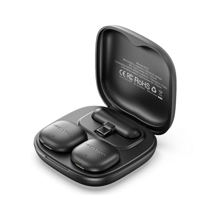 Vention Microfono de Solapa Inalambrico - Sujeccion Magnetica o Clip - 2 Transmisores - 1 Receptor - Cancelacion de Ruido por IA - Alcance hasta 50m - USB-C con Adaptador Lightning - Color Negro