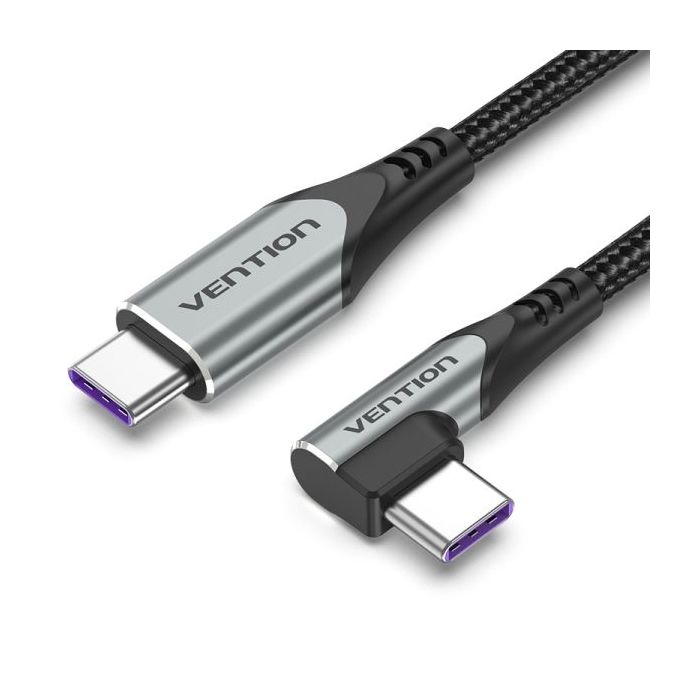 Vention Cable USB-C Acodado - 100W Power Delivery - Longitud 2m - Transferencias hasta 480Mbps - Recubrimiento de Nailon Trenzado - Color Gris