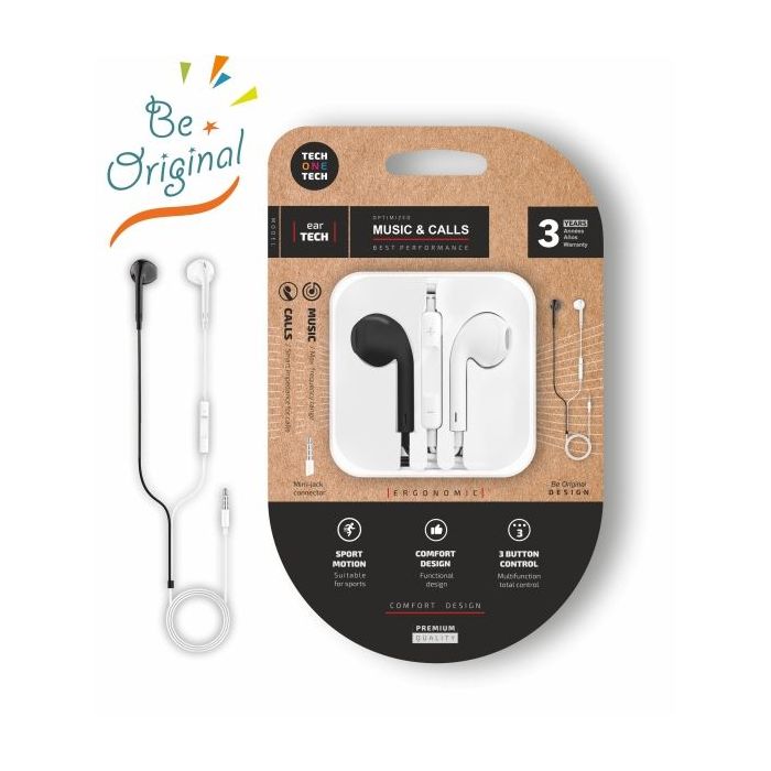 TechOneTech EearTech B&W Be Original Auriculares Intraurales - Microfono Integrado - Mini Jack 3.5mm - Cable de 1.20m - Blanco/Negro
