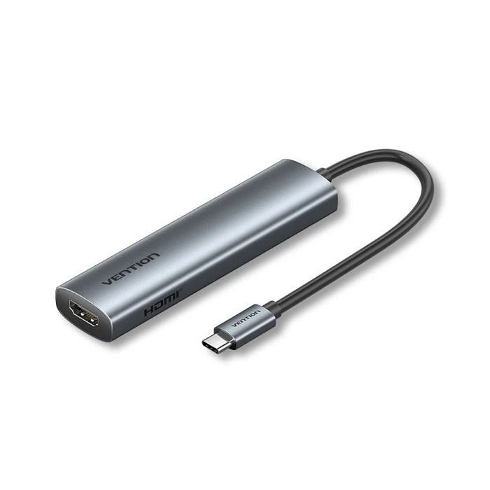 Vention Estacion de Docking 4 en 1 - 100W - Cable USB-C de 15cm Integrado - HDMI 4K - USB-C - 2xUSB-A - Power Delivery - Color Gris