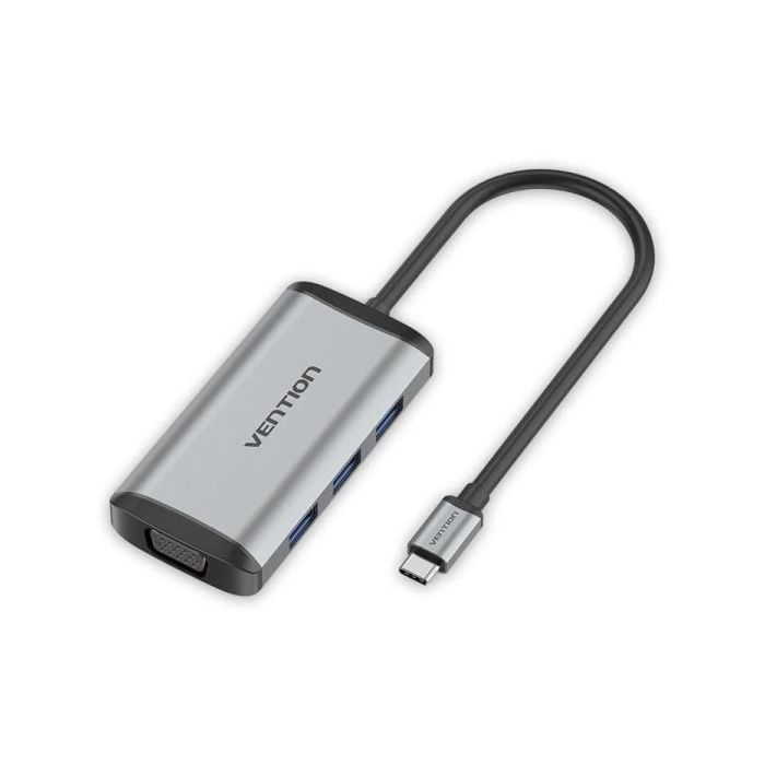 Vention Estacion de Docking 5 en 1 - Cable USB-C de 15cm Integrado - HDMI 4K - USB-C - 3xUSB-A - VGA - Power Delivery - Color Gris