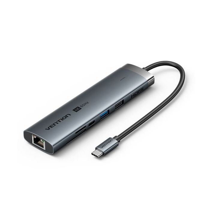 Vention Estacion de Docking 8 en 1 - 100W - Cable USB-C de 15cm Integrado - Ethernet RJ45 - HDMI 4K - 2xUSB-C - Tarjeta TF - SD - 2xUSB-A - Power Delivery - Color Gris