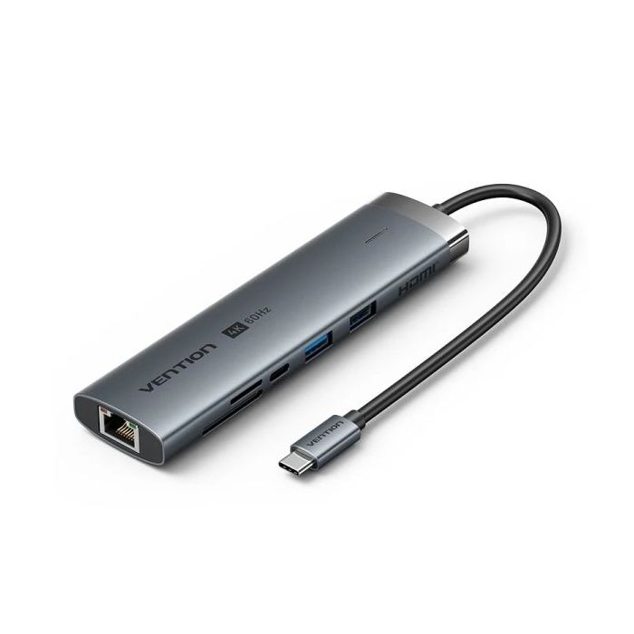 Vention Estacion de Docking 9 en 1 - Cable USB-C de 15cm Integrado - Ethernet RJ45 - HDMI 4K - 2xUSB-C - Tarjeta TF - SD - 2xUSB-A - Jack 3.5mm - Power Delivery - Color Gris