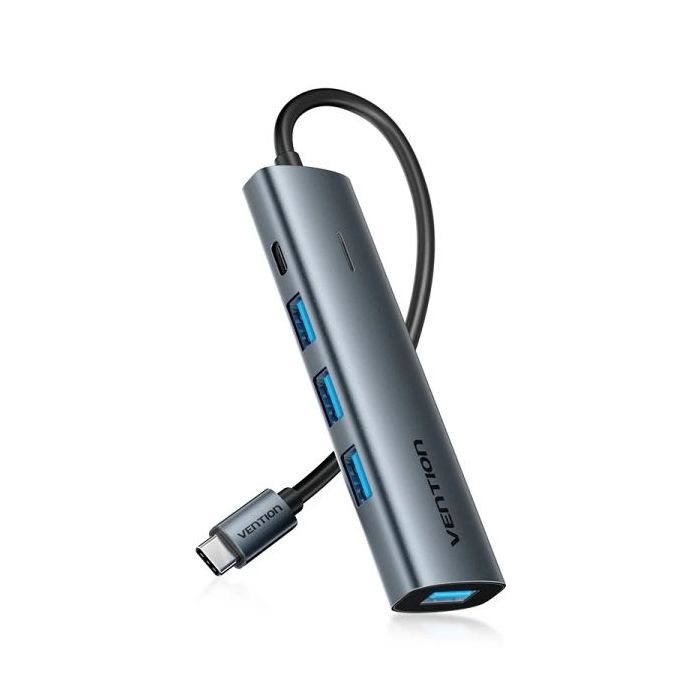 Vention Hub USB 5 en 1 - Cable USB-C de 15cm - 4xUSB-A - USB-C - Indicador LED - Velocidad hasta 5Gbps - Color Gris