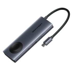 Vention Estacion de Docking 6 en 1 - 100W - Cable USB-C de 15cm Integrado - HDMI 4K - 2xUSB-C - 2xUSB-A - Power Delivery - Cargador Inalambrico - Color Gris