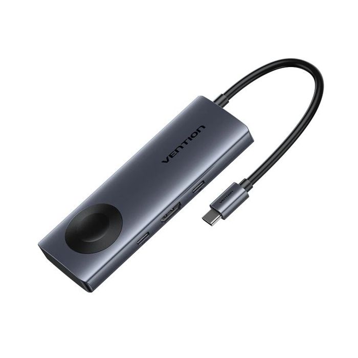 Vention Estacion de Docking 6 en 1 - 100W - Cable USB-C de 15cm Integrado - HDMI 4K - 2xUSB-C - 2xUSB-A - Power Delivery - Cargador Inalambrico - Color Gris
