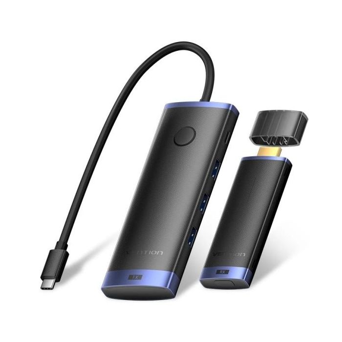 Vention Estacion de Docking 7 en 1 Inalambrica - HDMI 4K - 2xUSB-C - 3xUSB-A - Cable USB-C de 15cm Integrado - Alcance 50m - Power Delivery - Color Negro y Azul