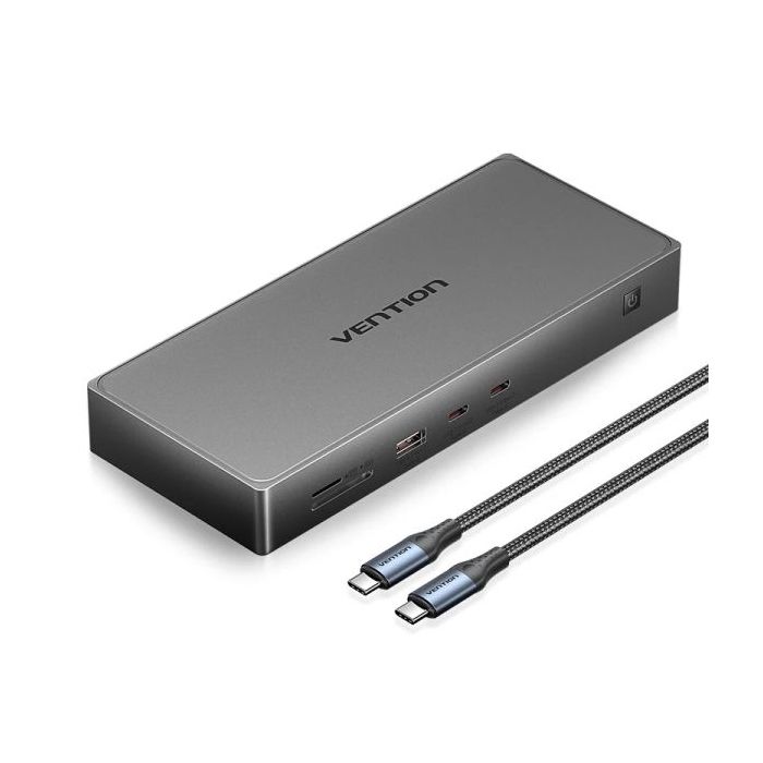Vention Estacion de Docking 10 en 1 - 100W - Cable 0.5m - Ethernet RJ45 - HDMI 4K - Displayport - 5xUSB-C - USB-A - Tarjeta TF - SD - Power Delivery - Color Gris