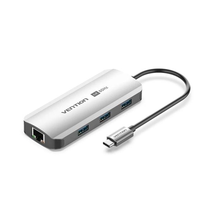Vention Estacion de Docking 6 en 1 - 100W - Cable USB-C de 15cm Integrado - HDMI 4K - Ethernet RJ45 - 3xUSB-A - USB-C - Power Delivery - Color Gris
