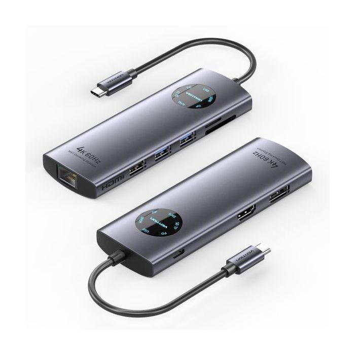 Vention Estacion de Docking 9 en 1 - 100W - Cable USB-C de 15cm Integrado - HDMI 4K - Displayport - Ethernet RJ45 - USB-C - Tarjeta TF - SD - 3xUSB-A - Power Delivery - Color Gris