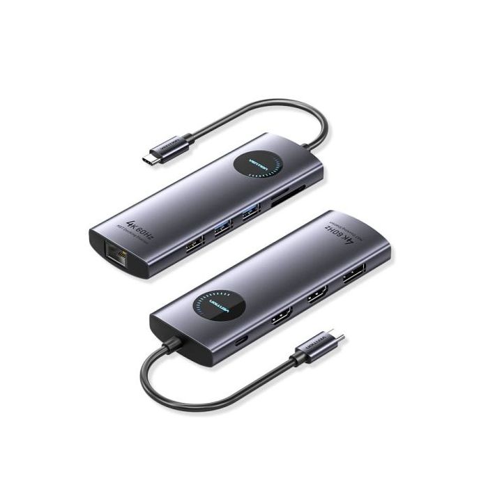 Vention Estacion de Docking 10 en 1 - 100W - Cable USB-C de 15cm Integrado - 2xHDMI 4K - Ethernet RJ45 - Displayport - USB-C - Tarjeta TF - SD - 3xUSB-A - Power Delivery - Color Gris