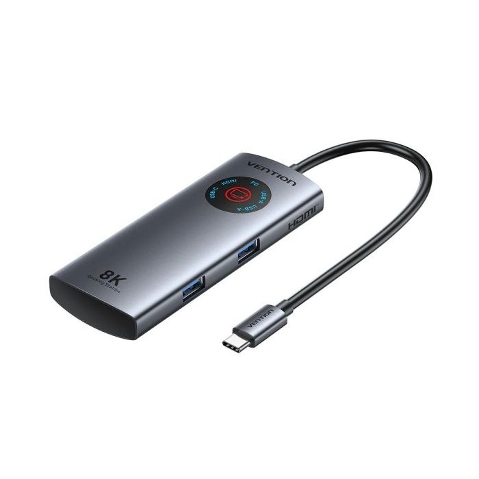 Vention Estacion de Docking 5 en 1 - 100W - Cable USB-C de 15cm Integrado - Pantalla LED - 2xUSB-C - 2xUSB-A - HDMI 8K - Power Delivery - Color Gris
