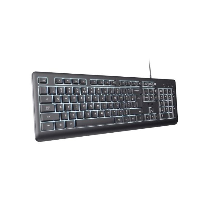 Trust Primo Teclado de Formato Completo con Cable USB-C - Retroiluminacion LED - Proteccion contra Derrames - 104 Teclas Silenciosas - Adaptador USB-A - 22x184x436mm - Color Negro
