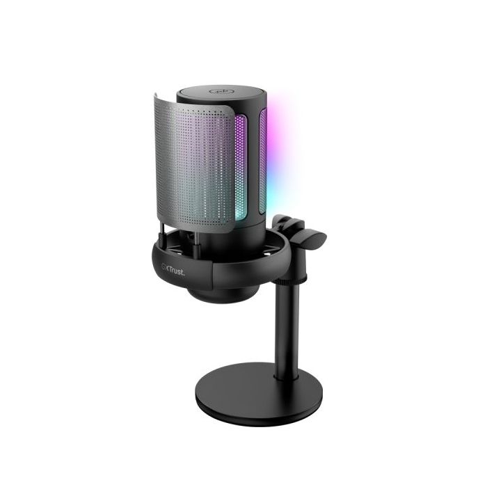 Trust GXT 238 Auron Microfono de Estudio - Cable USB-C 1.8m - Adapatador USB-A - Filtro Antipop de Rejilla - Iluminacion RGB - 85x120x215mm - Color Negro