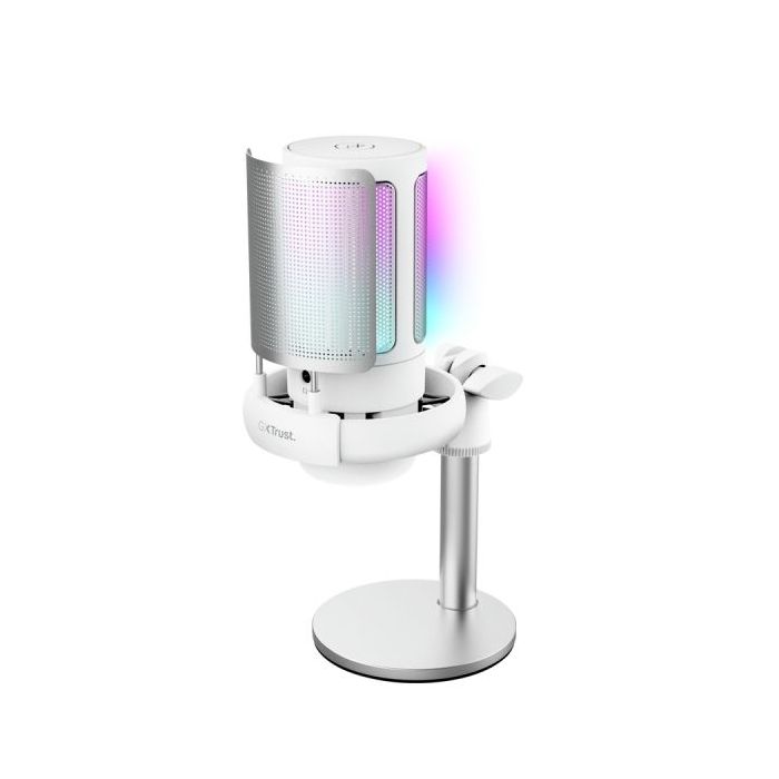 Trust GXT 238W Auron Microfono de Estudio - Cable USB-C 1.8m - Adapatador USB-A - Filtro Antipop de Rejilla - Iluminacion RGB - 85x120x215mm - Color Blanco