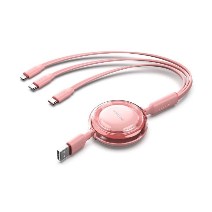 Vention Cable USB Multiple - Longitud Ajustable hasta 1.1m - Retractil - USB-A - 2xUSB-C - Lightning - Velocidad hasta 480Mbps - Color Rosa