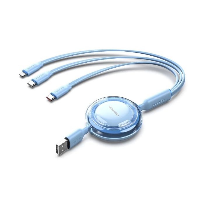 Vention Cable USB Multiple - Longitud Ajustable hasta 1.1m - Retractil - USB-A - 2xUSB-C - Lightning - Velocidad hasta 480Mbps - Color Azul