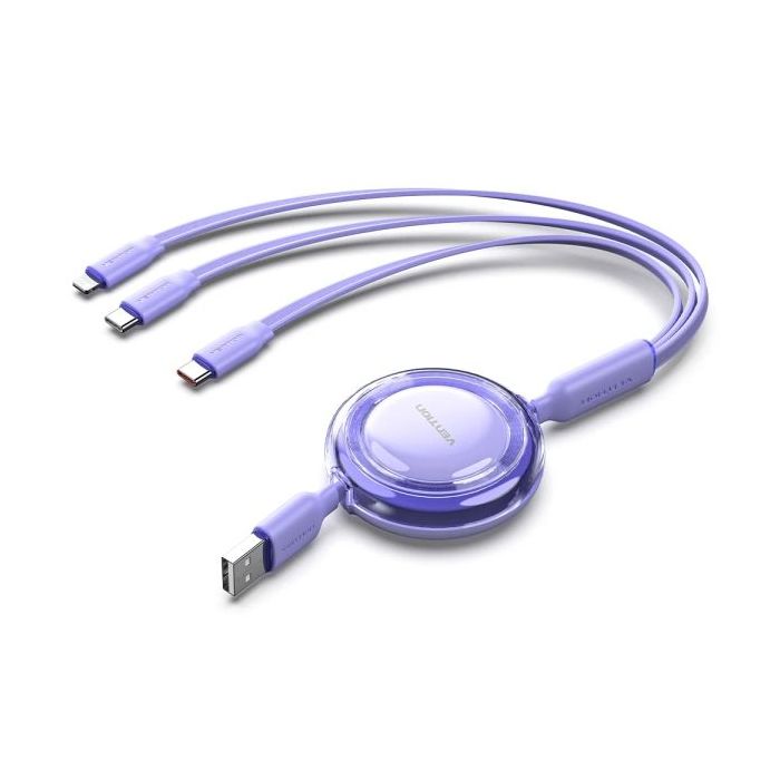Vention Cable USB Multiple - Longitud Ajustable hasta 1.1m - Retractil - USB-A - 2xUSB-C - Lightning - Velocidad hasta 480Mbps - Color Morado