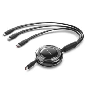 Vention Cable USB Multiple - Potencia Maxima 100W - Retractil - Longitud Ajustable hasta 1.1m - USB-A - 2xUSB-C - Lightning - Velocidad hasta 480Mbps - Color Negro