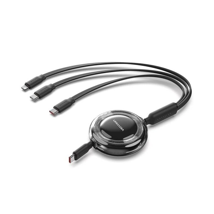 Vention Cable USB Multiple - Potencia Maxima 100W - Retractil - Longitud Ajustable hasta 1.1m - USB-A - 2xUSB-C - Lightning - Velocidad hasta 480Mbps - Color Negro
