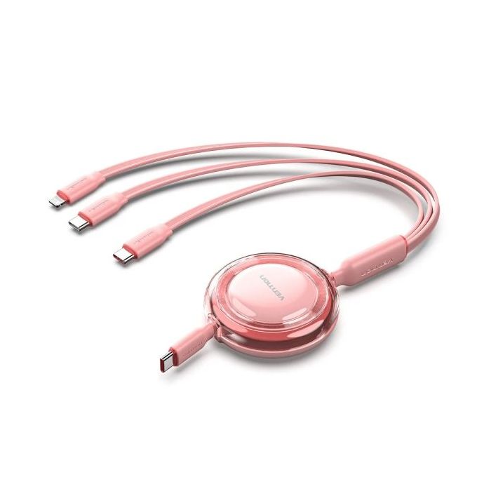 Vention Cable USB Multiple - Potencia Maxima 100W - Retractil - Longitud Ajustable hasta 1.1m - USB-A - 2xUSB-C - Lightning - Velocidad hasta 480Mbps - Color Rosa